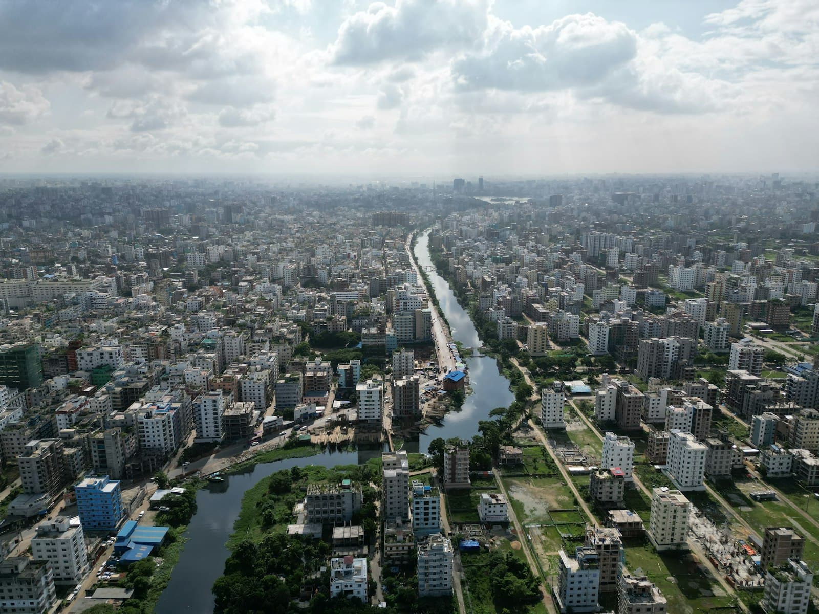 Aerial view of a river running through Dhaka